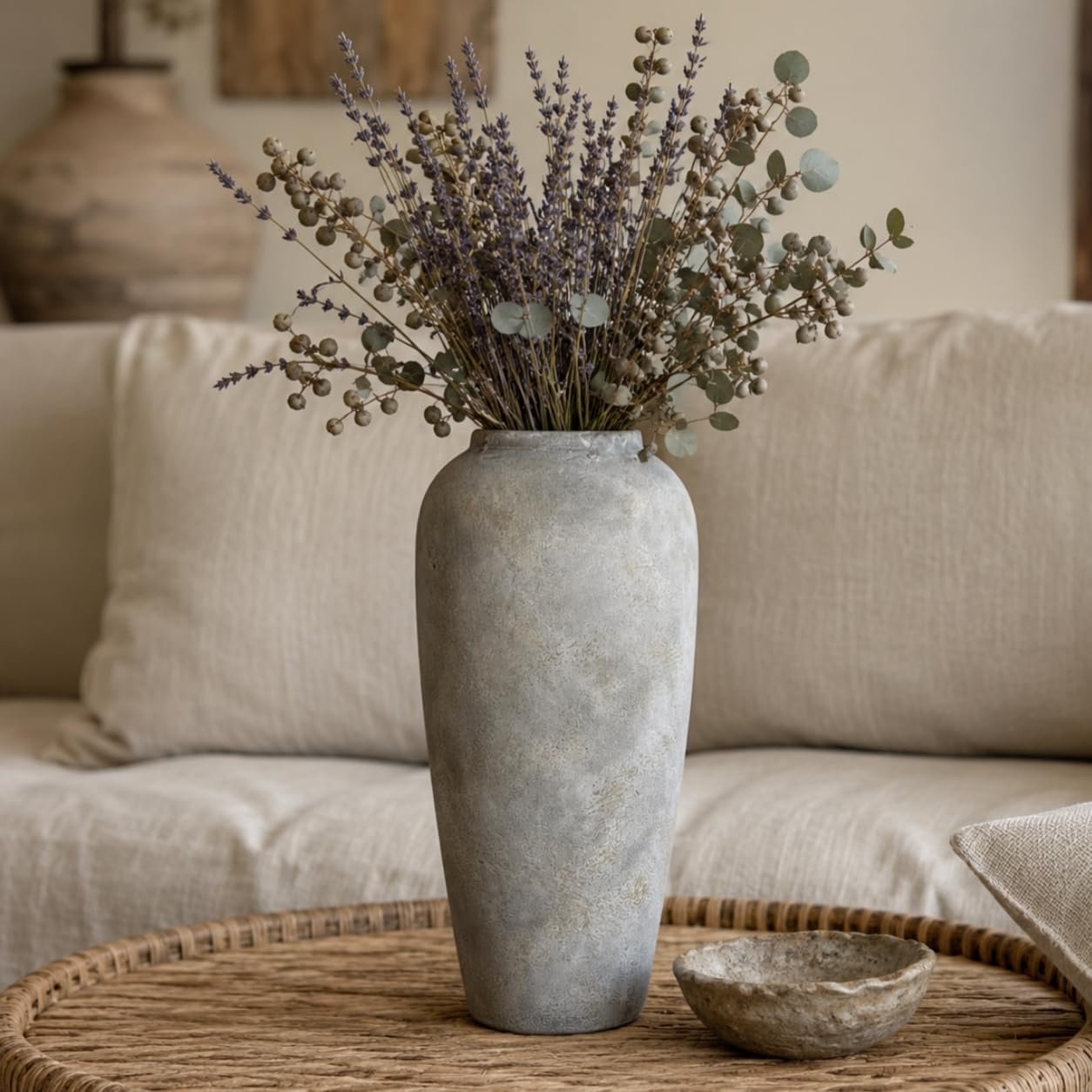 Jarrón de cerámica rústico gris blanco para sala de estar, jarrón grande de estilo vintage de 38 cm para mesa de comedor de 15 pulgadas gris blanco, regalo de boda y inauguración de la casa