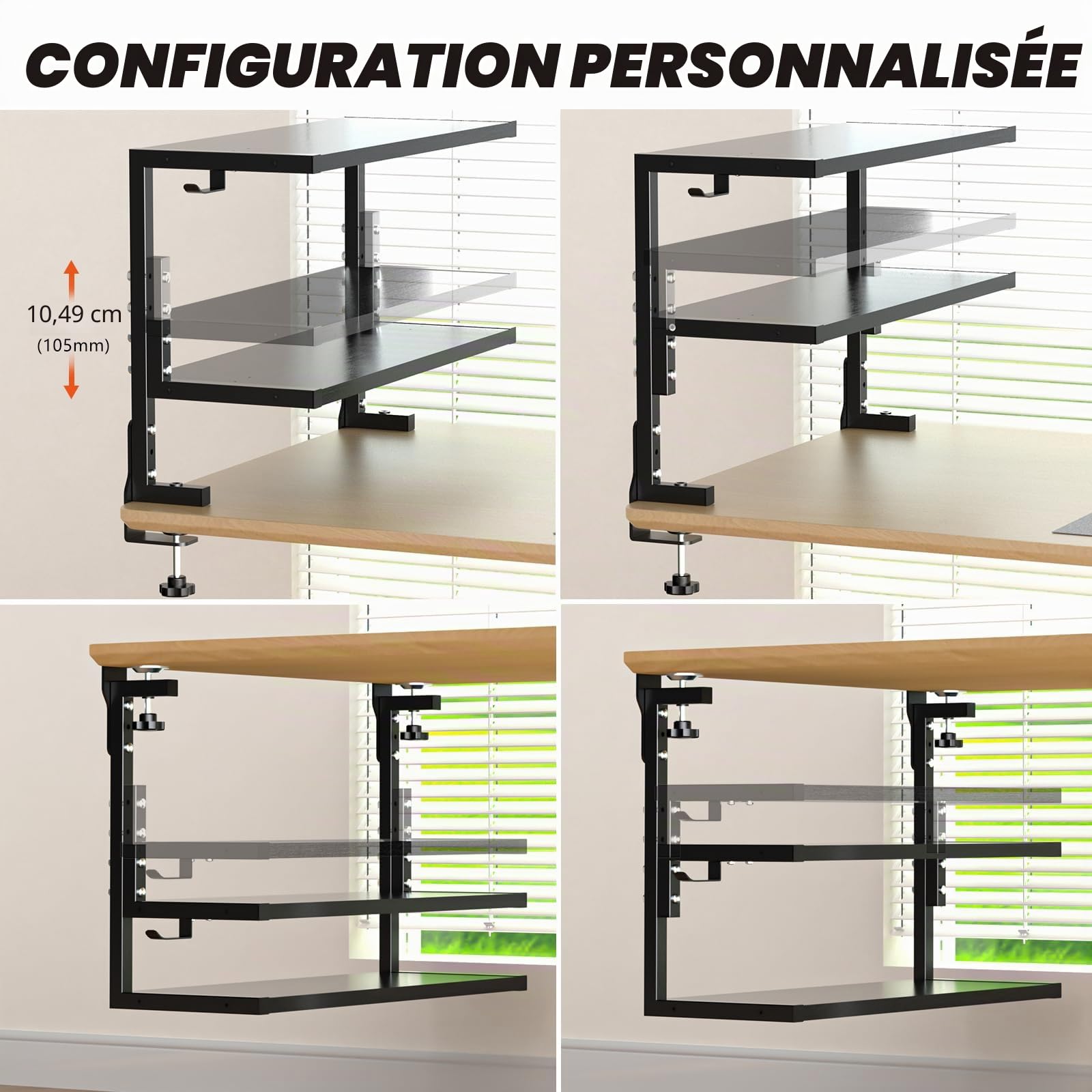 PUTORSEN Organisateur de Bureau à Pince 24 Pouces, Étagère à 2 Niveaux Au-Dessus ou en Dessous, Espace Personnalisé pour Accessoires, Etagere Cuisine, Noir
