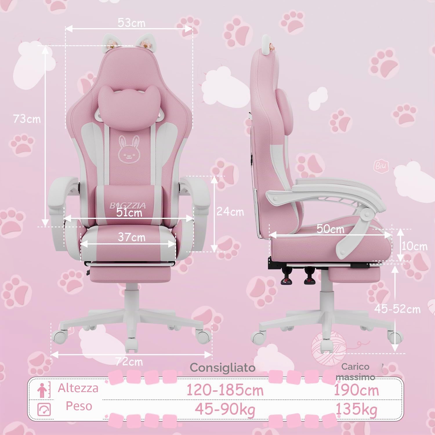 bigzzia Sedia Gaming Carina con Orecchie di Gatto, Sedia da Gioco con supporto Lombare Massaggiante, Sedia Ergonomica per Computer per Ragazza con Poggiapiedi e Poggiatesta (rosa e bianco)