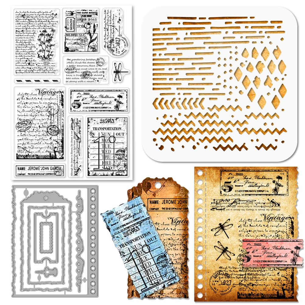 GLOBLELAND Retro Text Background Silicone Clear Stamps Metal Vintage Postage Stamp Ticket Frame Cutting Die Cuts PET Paint Craft Stencils Template for Card Making and DIY Embossing Scrapbooking