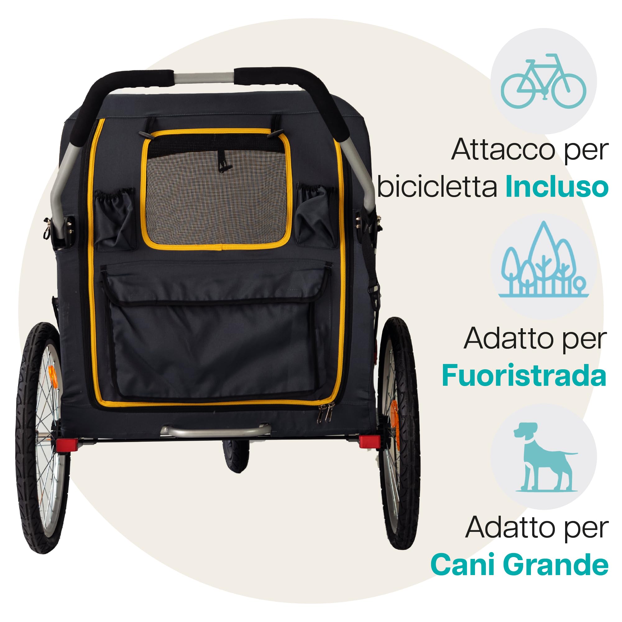 Innopet Hercules 2-in-1 Dog Stroller and Bike Trailer Giallo/Grigio - Passeggino per cani di grossa e rimorchio per bicicletta con barra di traino - Pneumatici da 20 pollici - Copertura antipioggia