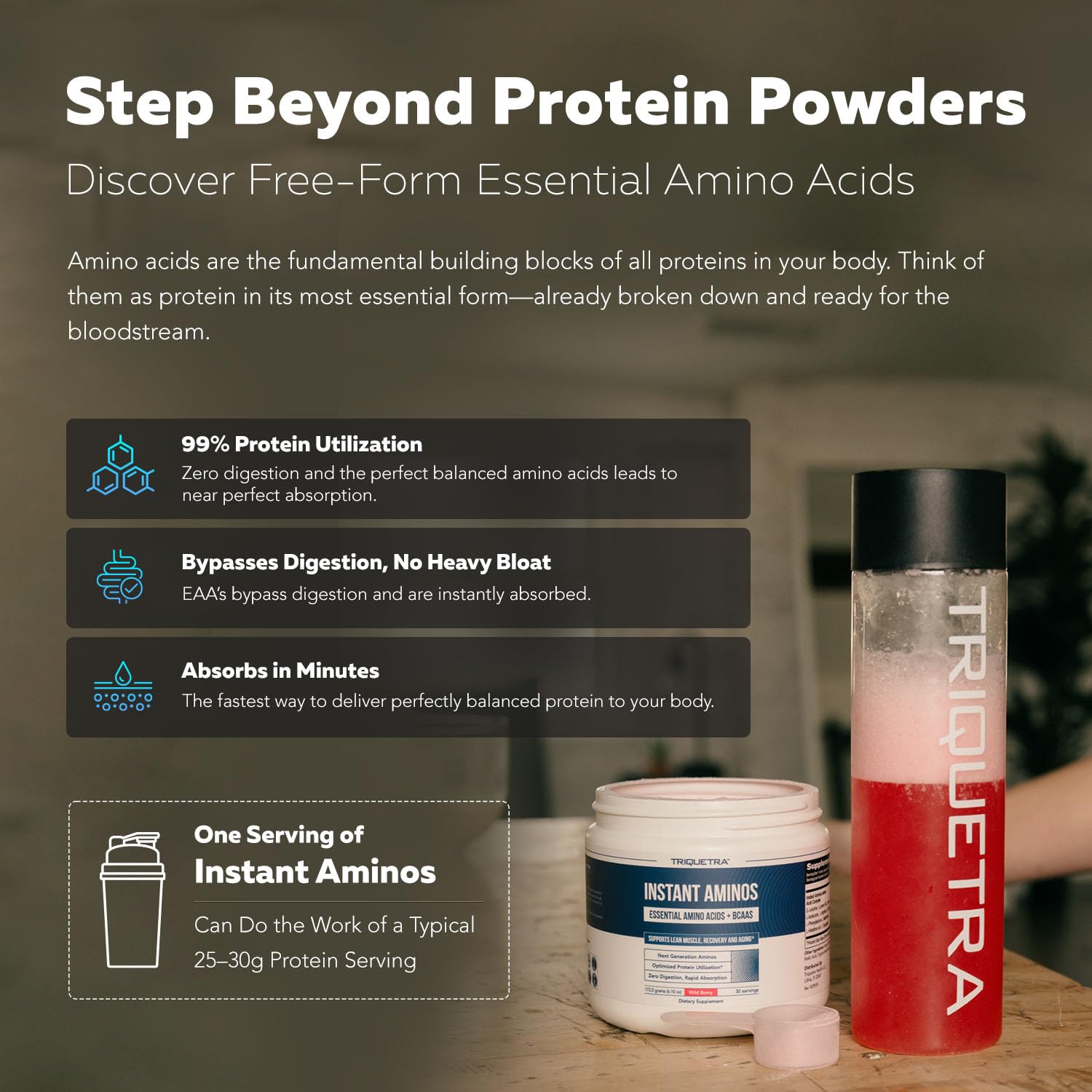 Instant Aminos - EAA+BCAA - 10 Essential Amino Acids Supplement - Rapid Absorption, Zero Digestion - Supports Lean Muscle, Recovery & Aging - 321% DIAAS Protein Score - Wild Berry (30 Servings) — Amazon image 3