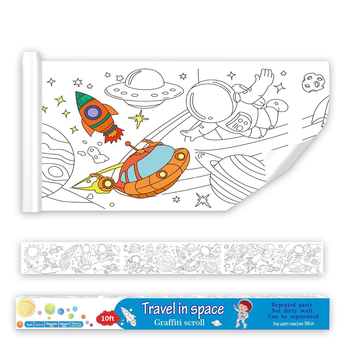 Kryhonva Large Space Coloring Drawing Roll for Kids, Segmented Firmament Coloring Poster Tablecloth Craft Table Cover for Boys Girls Classroom Party Supplies Favor 120x15in (Space)