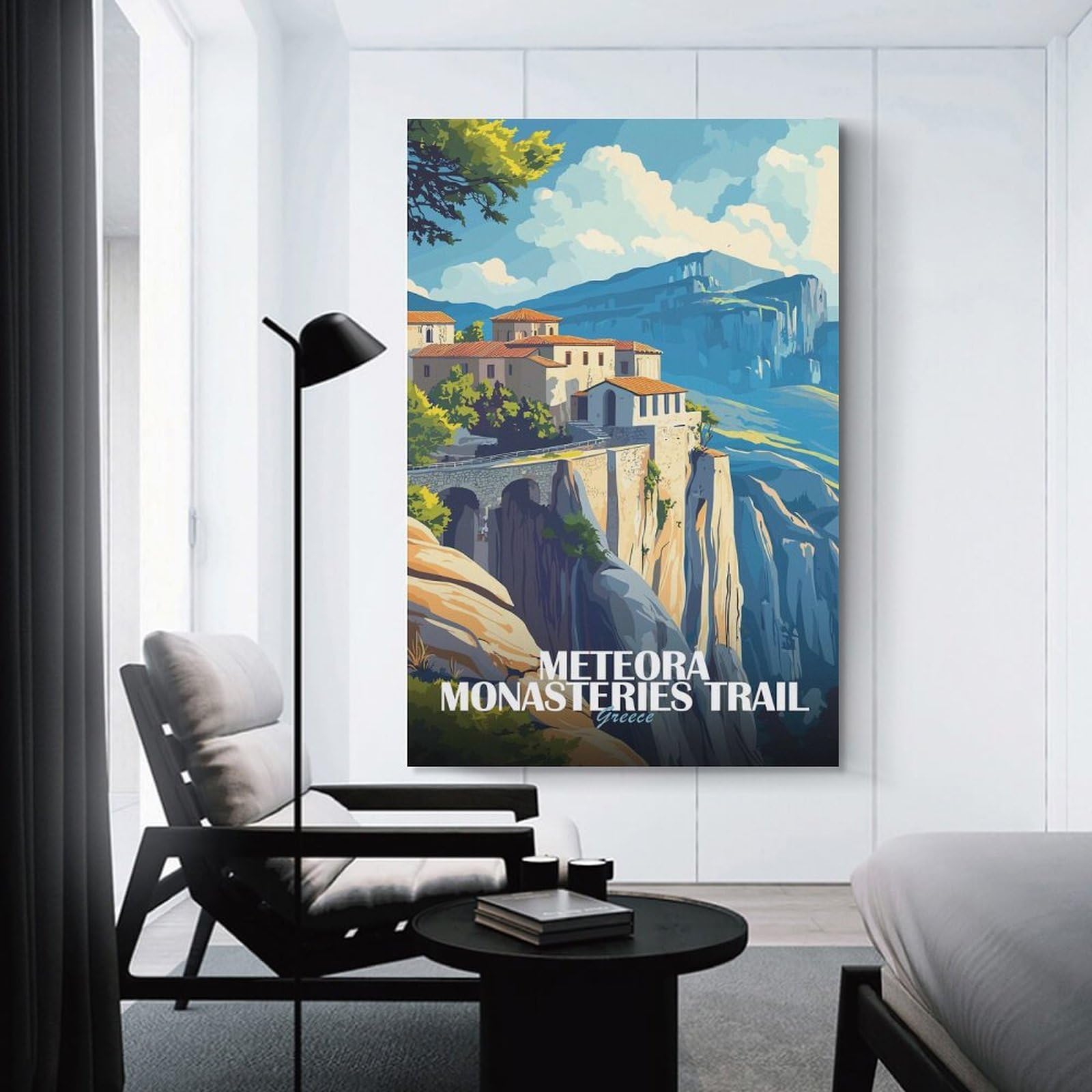 Junmoney Unframe-Style-5 Canvas Wall Decor Meteora Monasteries Trail Greece Illustration, 20X30inch(50X75cm), For Bedroom Decor, Cosy Corners Or Studios, Decorative Wall Art For Cosy Rooms