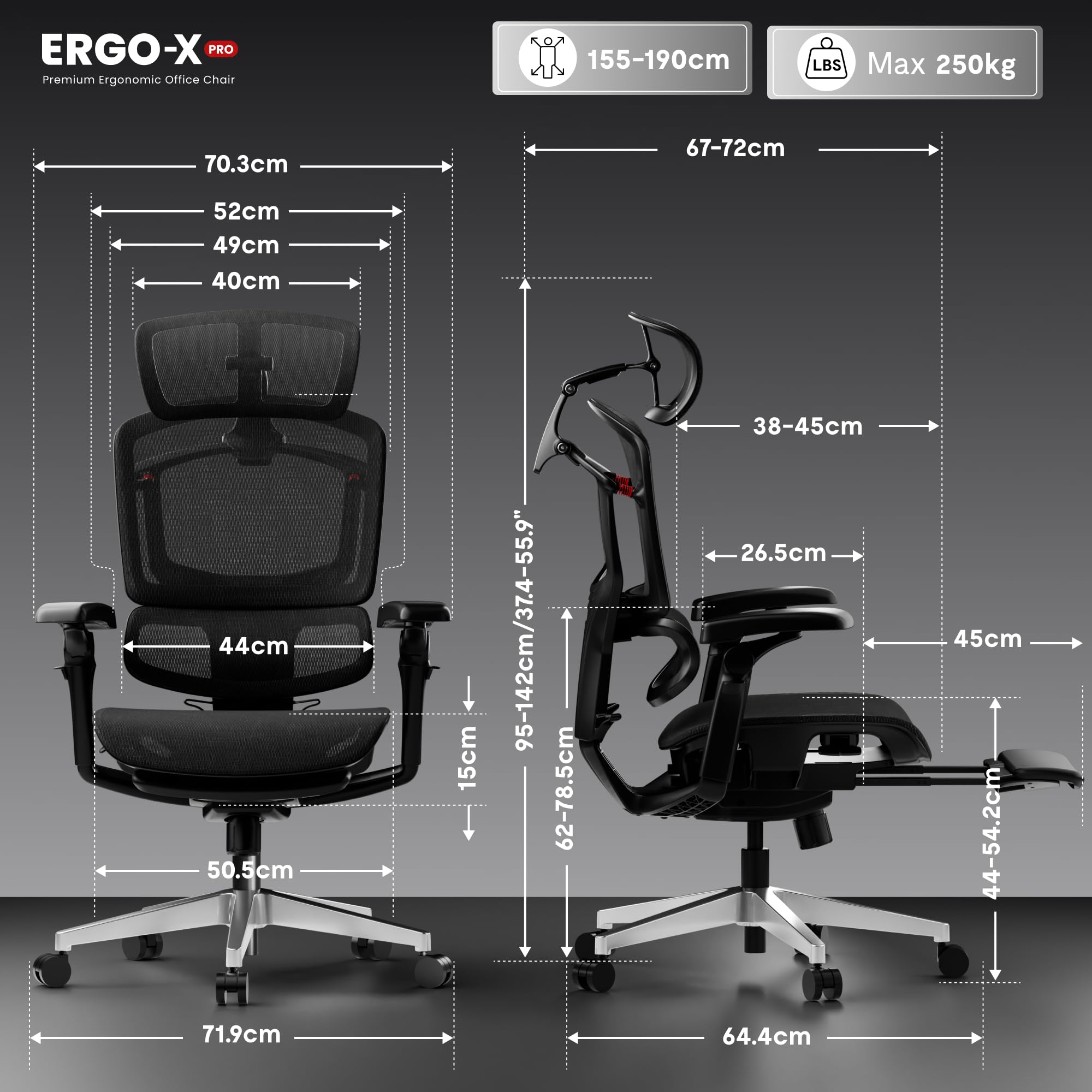 FLEXISPOT ErgoX Pro Sedia da Ufficio Ergonomica con Poggiapiedi, Altezza Regolabile a 12 Livelli, Braccioli 7D, Supporto Lombare 5D, Poggiatesta 4D, Portata 250 kg e Seduta in Rete Traspirante – Nero