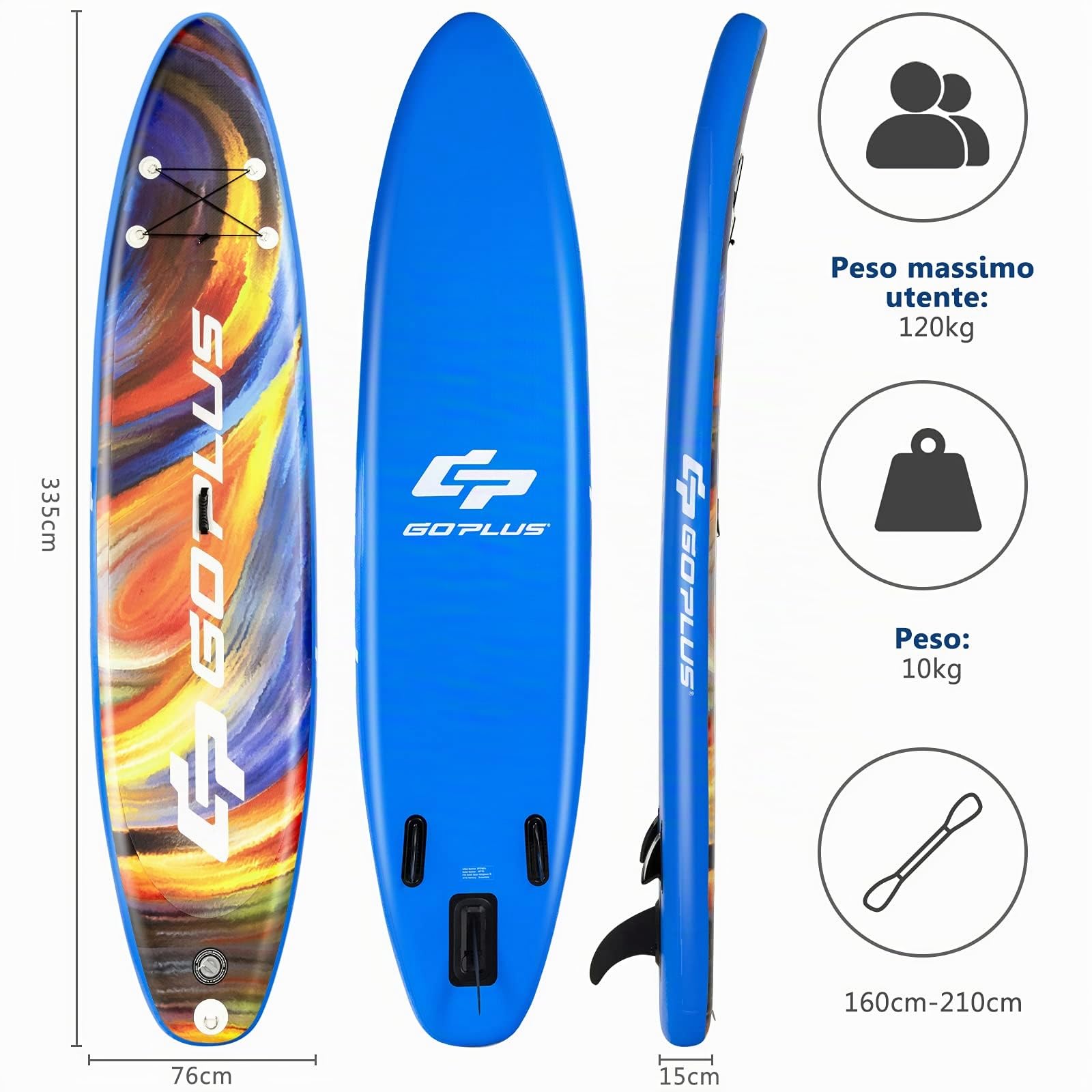 COSTWAY SUP Gonfiabile 335/320 cm, Stand Up Paddle Gonfiabile con Pinne, Leash, Pagaia, Pompa, Kit di Riparazione e Borsa, Carico Massimo 120 kg