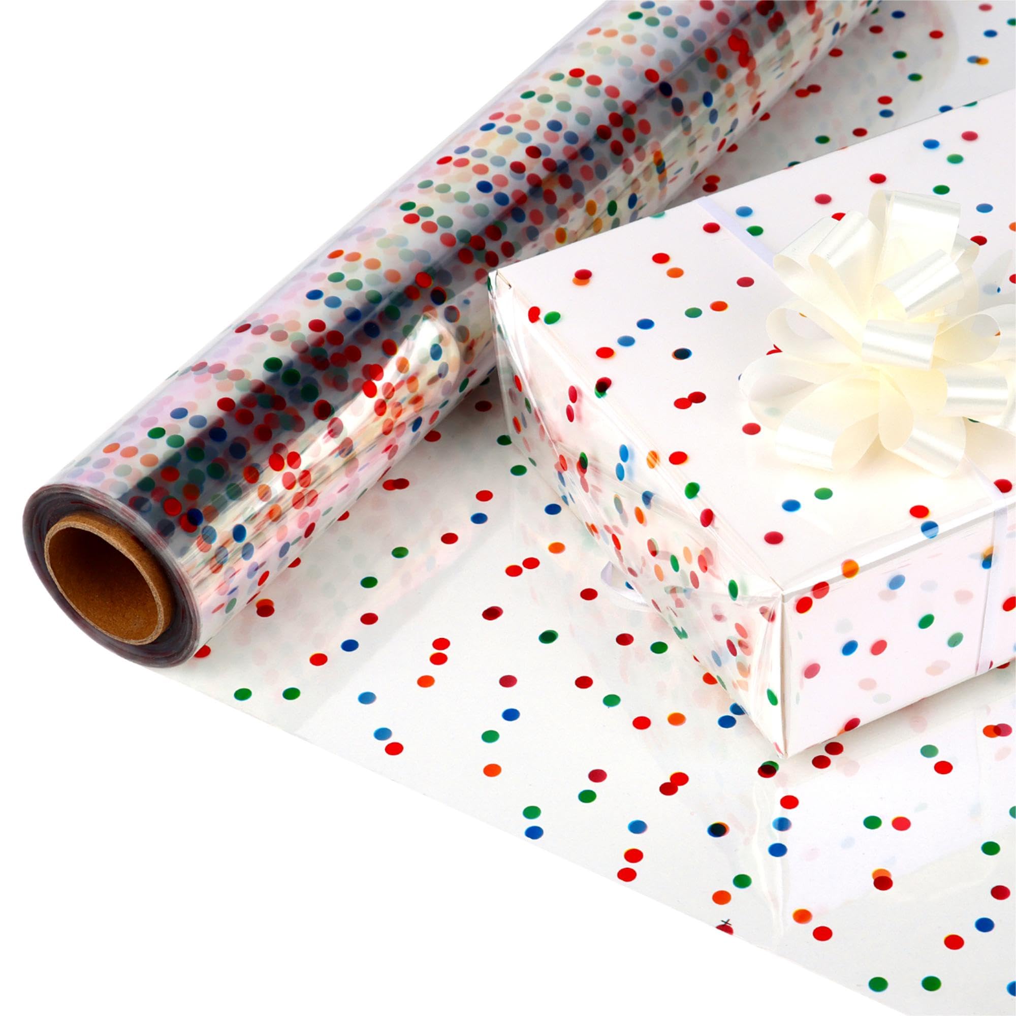 CMFYHM Extra Wide Clear Cellophane Wrap Roll(17" x 100’Ft) Multicolor Polka Dots Transparent Thicker Cellophane Roll, Cellophane Wrap for gift baskets