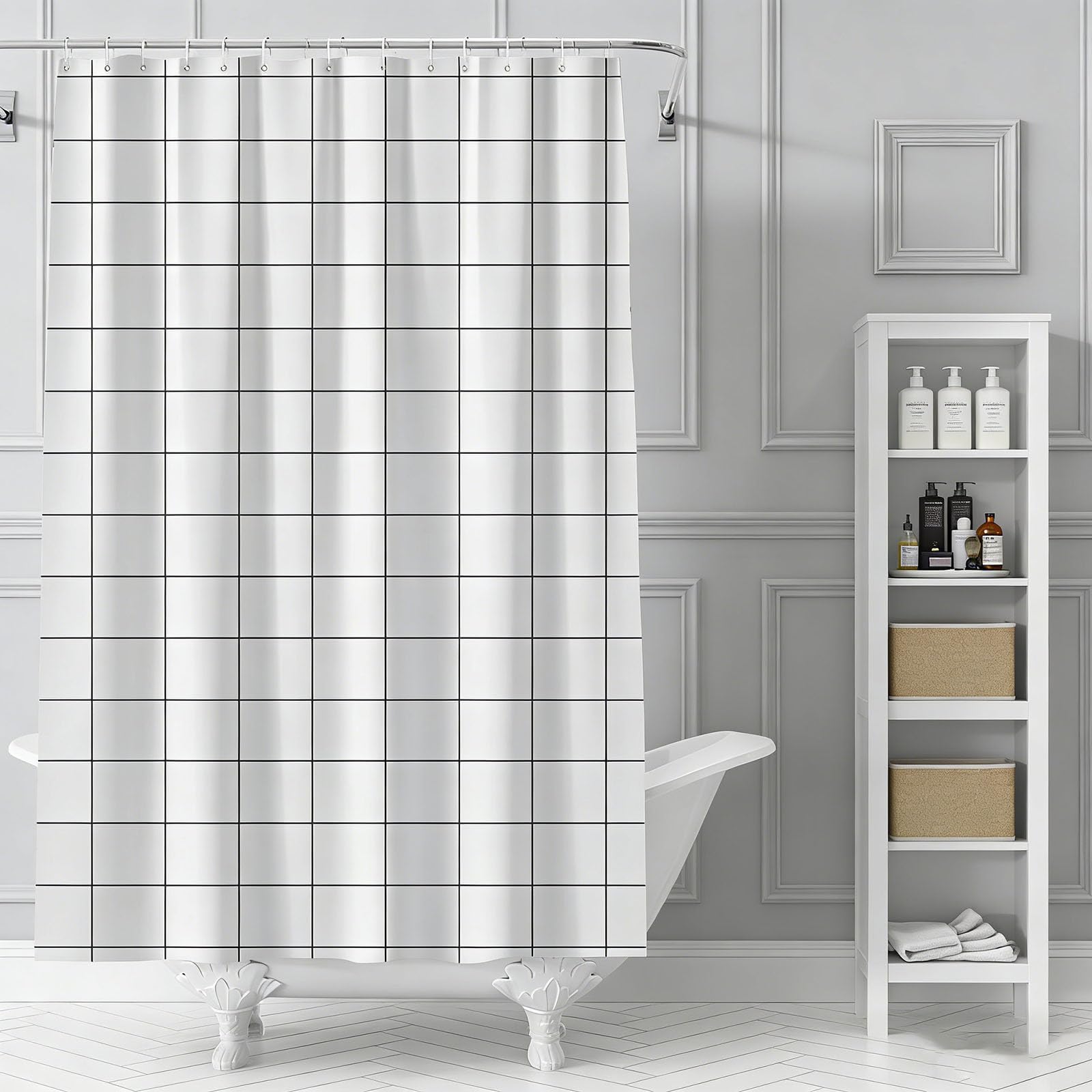 Rideau baignoire 110 x 260 cm lavable en noir et blanc pour salle de bain avec crochets
