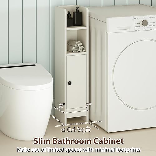 Miniatura 6 de Tangkula Armario de almacenamiento de baño pequeño, gabinete de piso de esquina delgado estrecho con estante ajustable y 2 estantes abiertos,