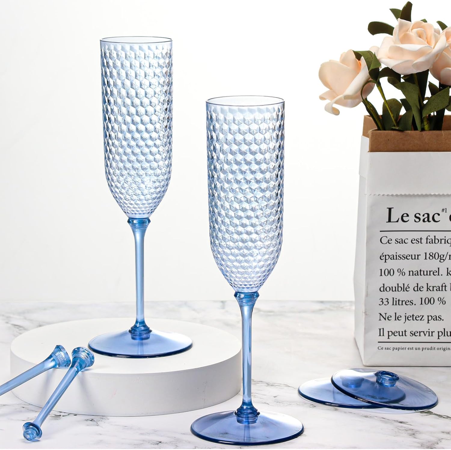 XUWAIDSGN 24 Pack Blue Detachable 2 piece Champagne Flutes 5.5 Oz Unbreakable Plastic Mimosa Disposable Champagne Glasses Drinking Cups Stemmed Reusable Wine Toasting Glasses for Wedding - Image 7