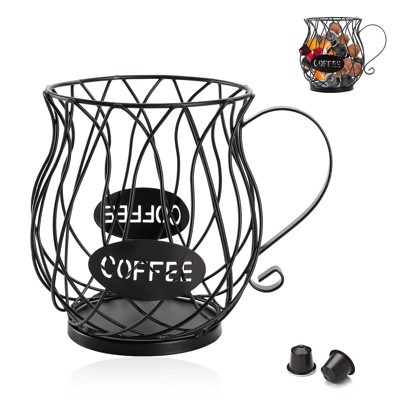 Czmtbo Black Coffee Pod Holder, Large Capacity Coffee Pod Basket Metal Coffee Capsule Storage Basket Espresso Pods Organizer For Kitchen Counter Tea Station Office
