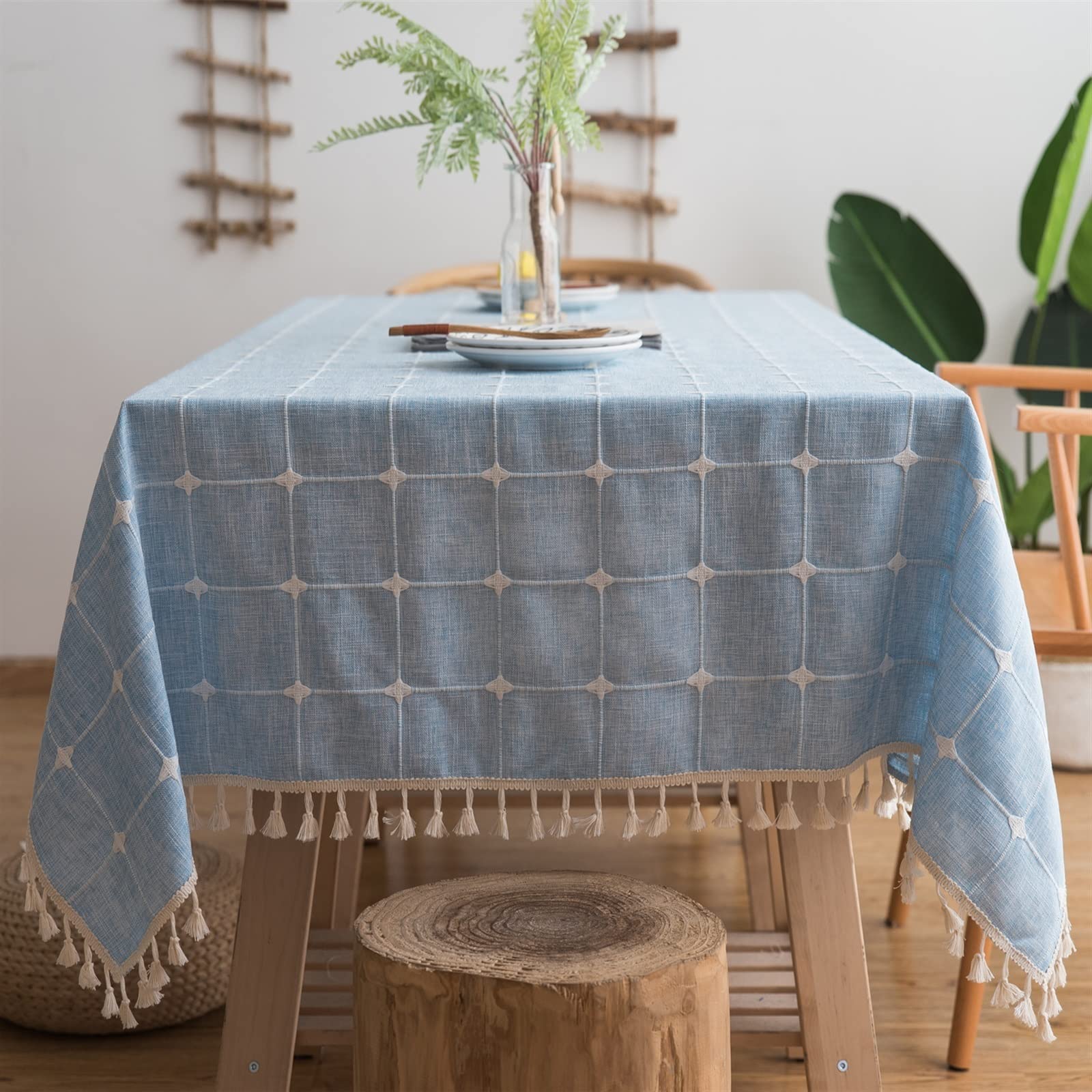 Japan Style Cotton Linen Obrus ​​Niebieskie Paski Chusta Haftowane Prostokątny Stół Obrus ​​Dekoracje Kuchenne Domu Tabeli Pokrywy(Light Blue,110x110cm)