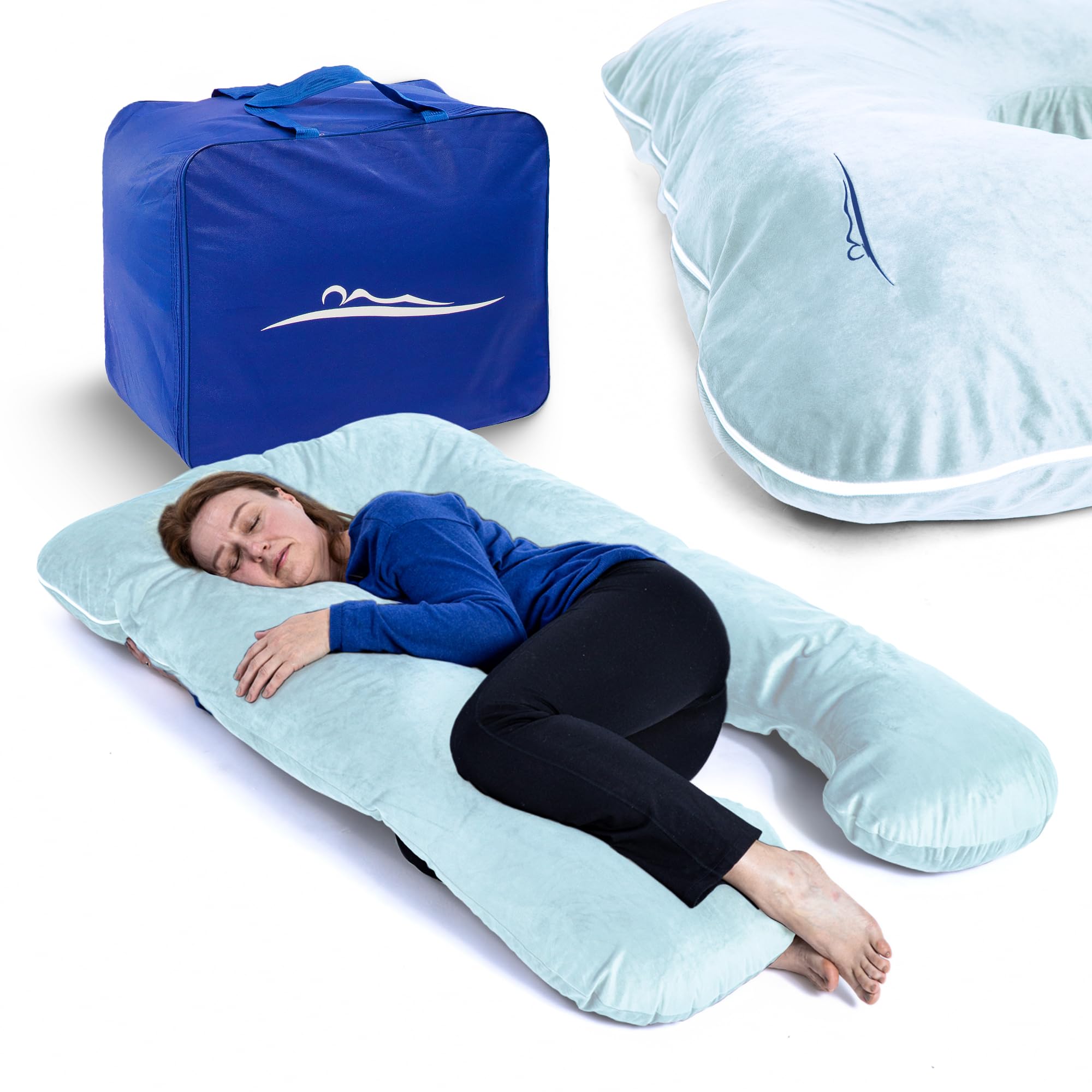 MKS Seitenschläferkissen mit Bezug | Komfortkissen (100 x 150 cm) | Schlafkissen | Seitenschläferkissen u Form | Ergonomisches Premium kühlendes Kuschelkissen (Mikroplüsch (Kuschelig) / Himmelblau)