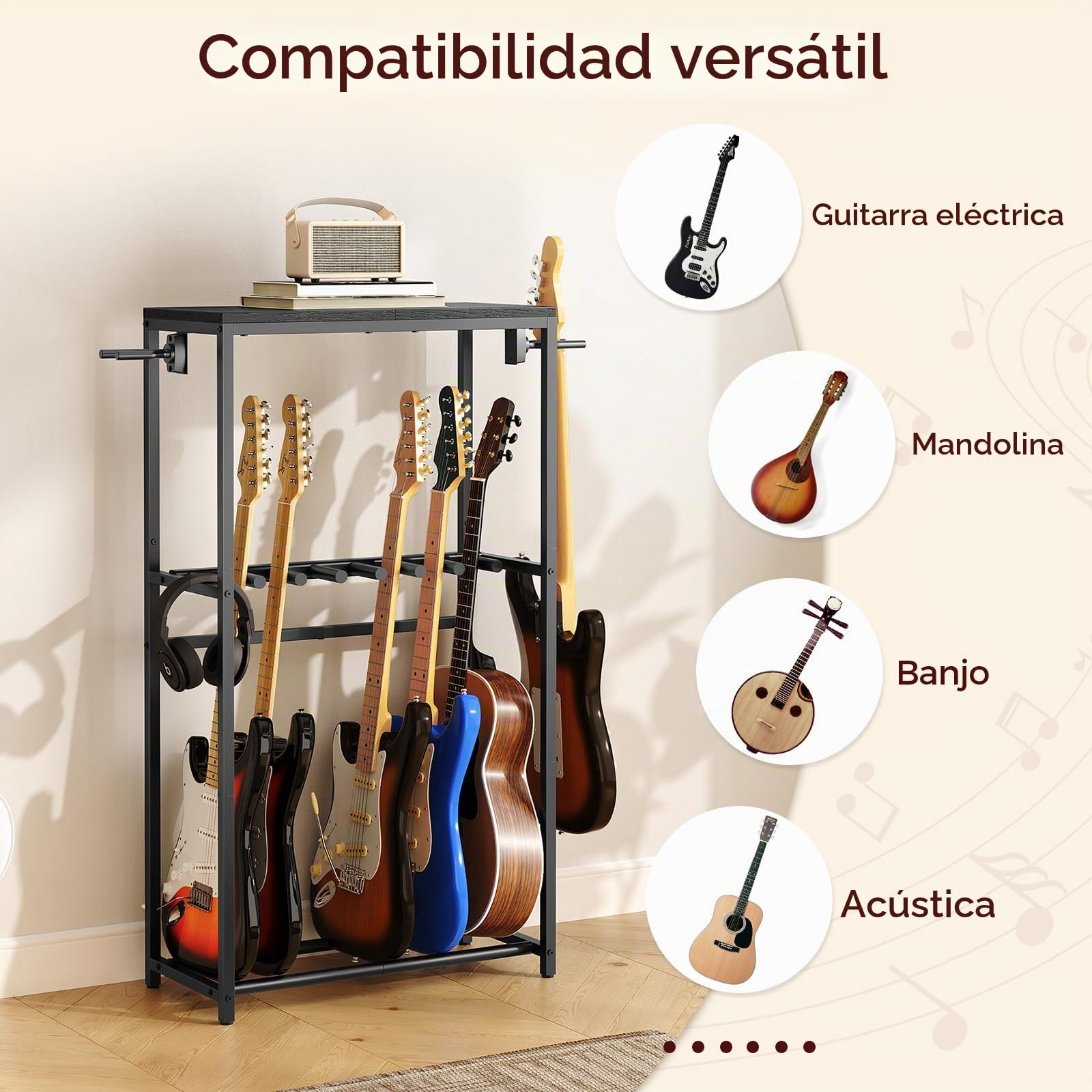 MAHANCRIS Soporte de Guitarra, Estantería para 7 Guitarras de Dos Niveles, para Guitarra Acústica, Guitarra Eléctrica, Bajo, Ukelele, Banjo, Revestimiento Protector de EVA, Negro AGSHB6701