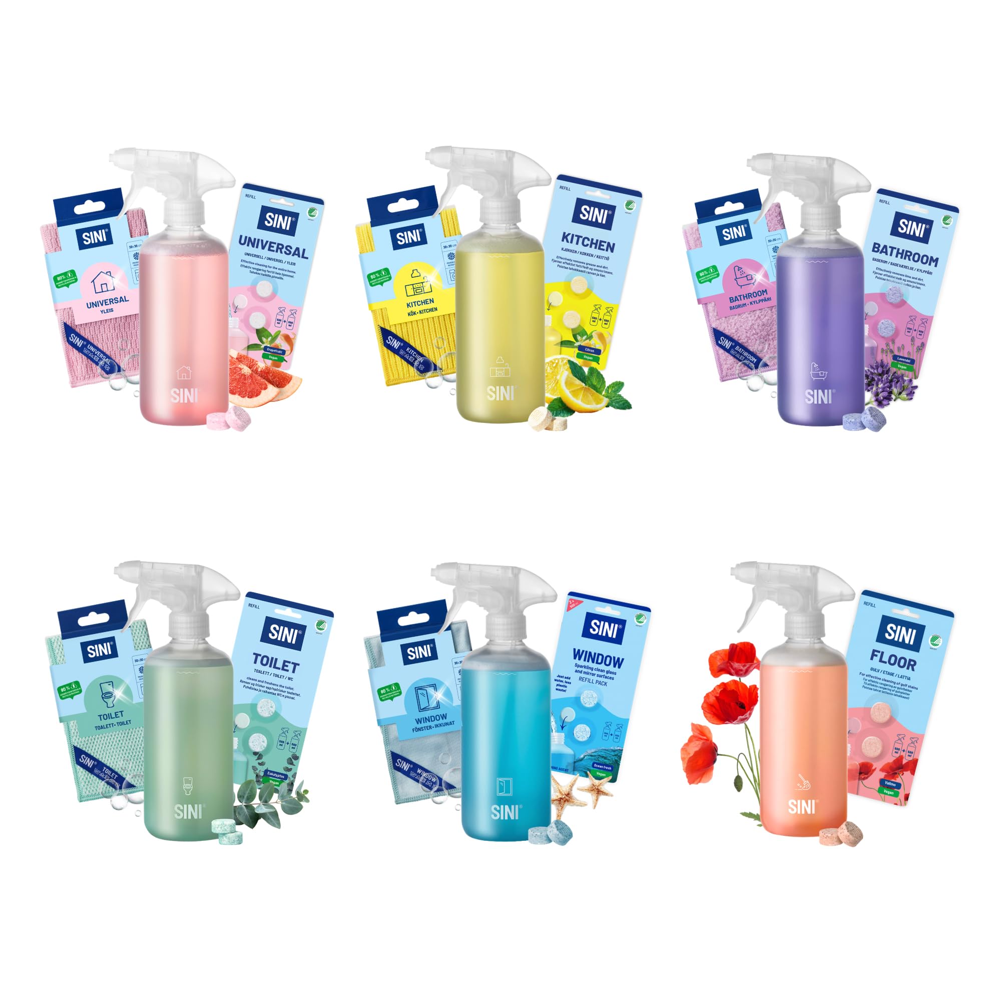 SINI Reinigung Starterset Bundle Groß – 17-teiliges Set – 6 Sprühflaschen, 12 Refill-Tabs & 5 Mikrofasertücher – Komplett-Set für Küche, Bad, WC, Fenster, Boden & Universal
