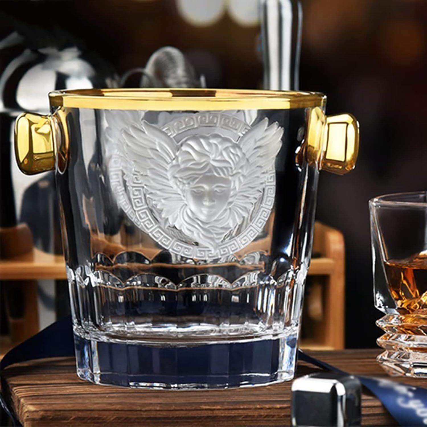 Cubitera Botella Vino Cubo de Hielo de Cristal cristalino Transparente con manijas de 300 ml de contenedor de Hielo Cubo de vinos bañera de Bebida Redonda para Fiesta/Bar