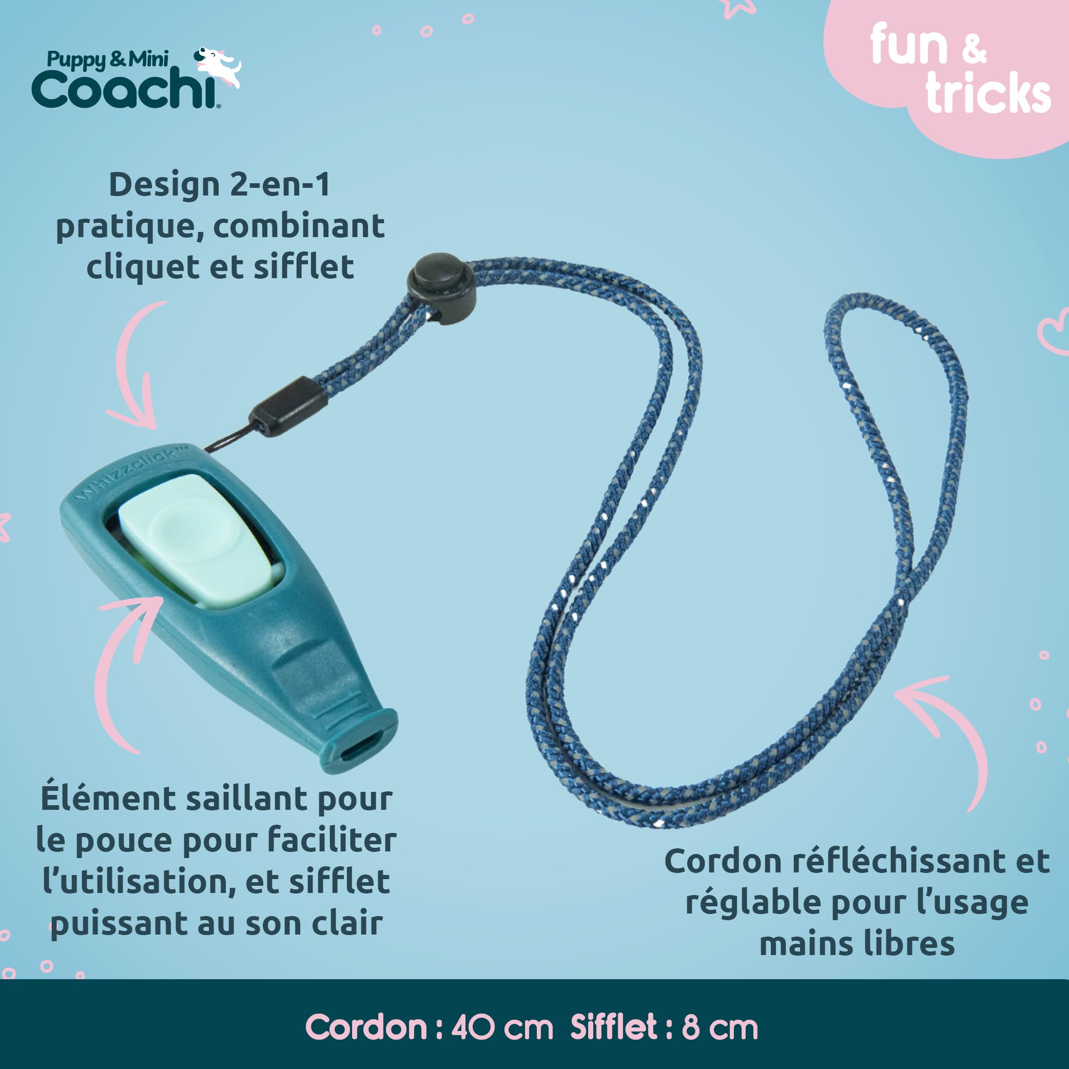 Coachi Whizzclick Sifflet et clicker combinés 2-en-1, sifflet d'éducation pour Chien pour Le Rappel, et clicker pour la récompense, Cordon réglable et réfléchissant, adapté aux Chiens et aux Chiots
