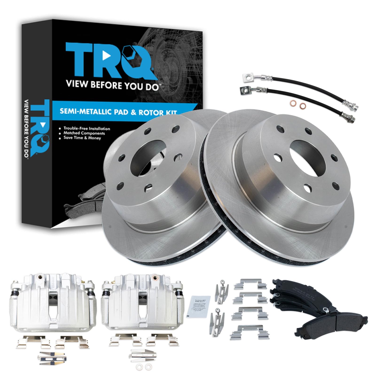 TRQ Rear Brake Pad and Rotor Set Semi Metallic Rotors Calipers Compatible with 2005-2006 Cadillac Escalade 2002 GMC Yukon
