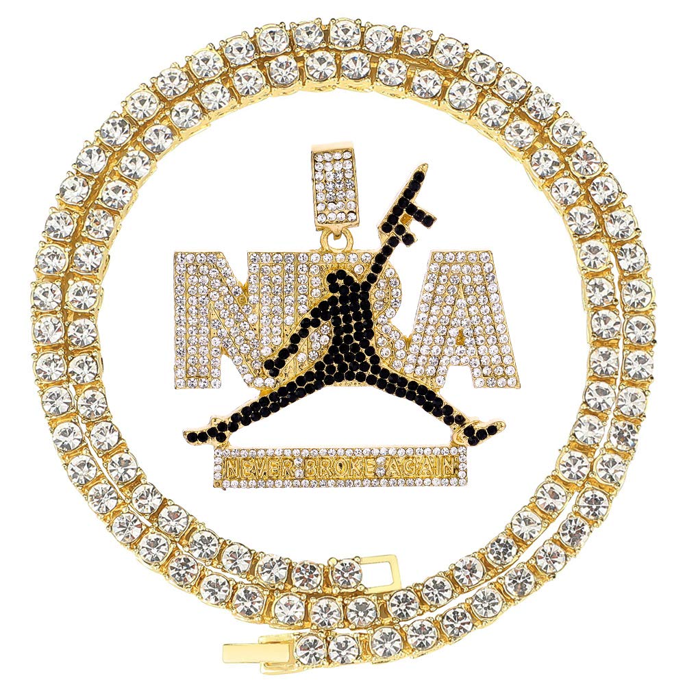 HH Bling Empire Mens Iced Out Hip Hop 14K Gold Artificial Diamond NBA Basketball Related Pendant cz Tennis Chain Necklace 22 Inch