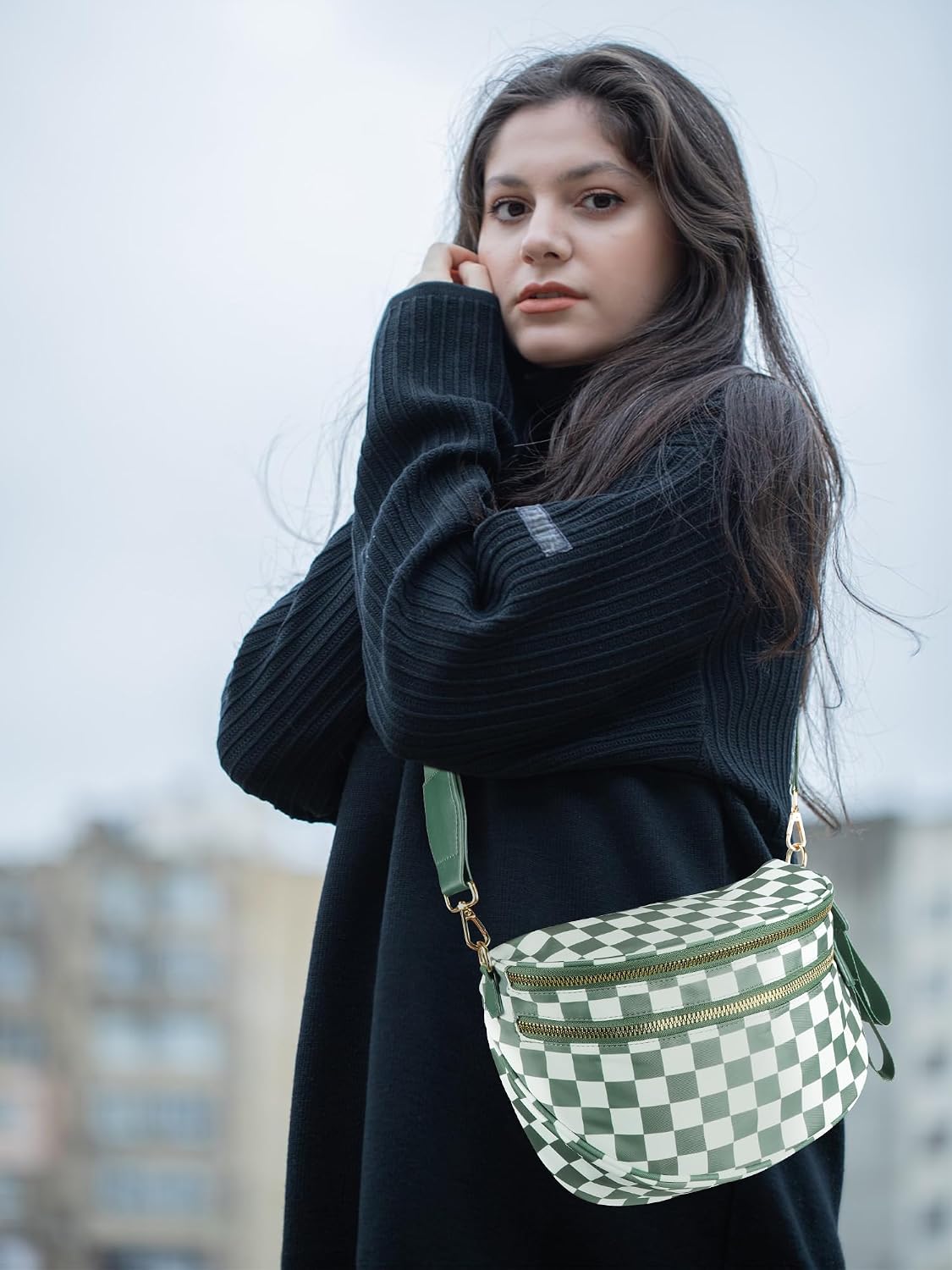 Checkered Crossbody Bum Bags for Women Nylon Checkered Purse Fanny Packs Sling Cross Body Bag with Adjustable Strap