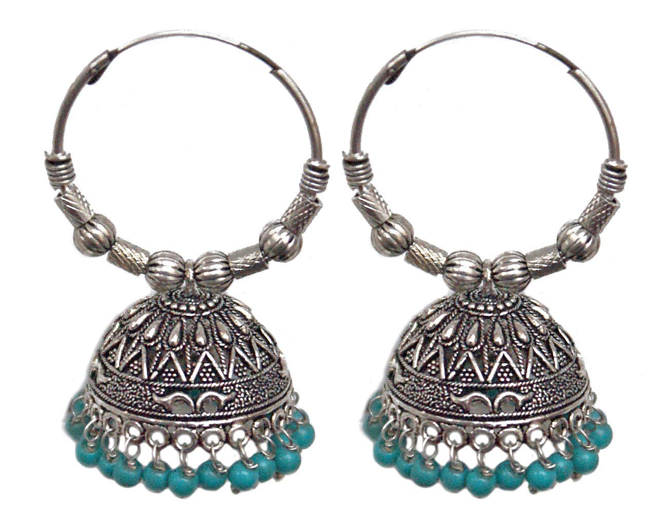 Pahal Traditional Turquoise Blue Pearl Big Indian Oxidized Silver Jhumka Hoop Earrings Jhumki Bollywood Party Wear Jewelry for Women