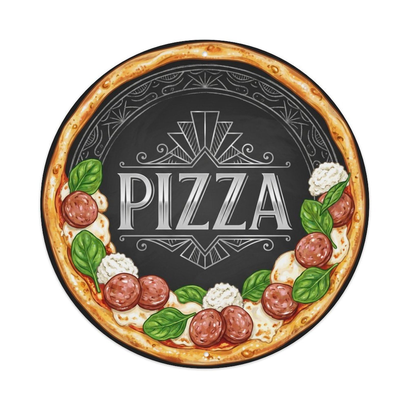Spinach Ricotta Sausage Pizza Food Illustration Metal Tin Sign