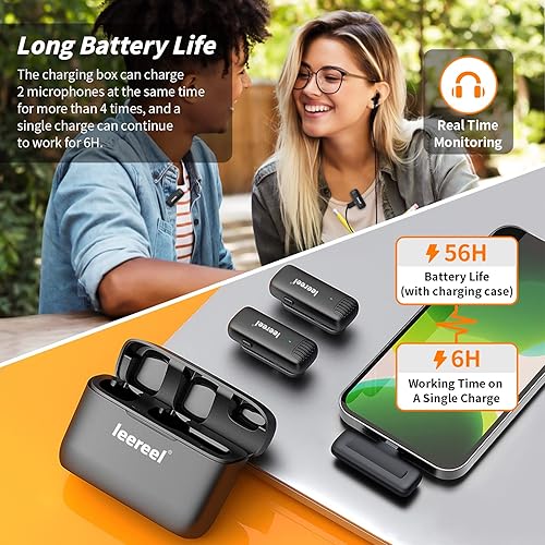 Miniatura 5 de Leereel Paquete de 2 micrófonos de solapa inalámbricos para iPhone iPad, micrófonos de solapa Plug-Play con estuche de carga para grabación de