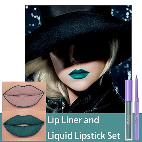 Miniatura 2 de Juego de 2 lápices labiales líquidos mate oscuro de Halloween + delineadores de labios, 8 colores de alto pigmento, gótico, sexy y atrevido, lápiz
