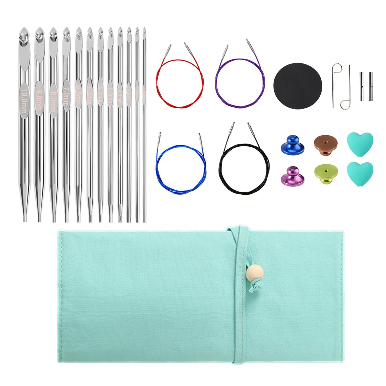 Austauschbares Garn Bastelwerkzeug Set mit 12 Metall Häkelnadeln, 4 abnehmbaren Kabeln und Tasche für die Handarbeit zu Hause, Häkelnadeln, abnehmbare Kabel, Metall Aufbewahrungstasche, Garn