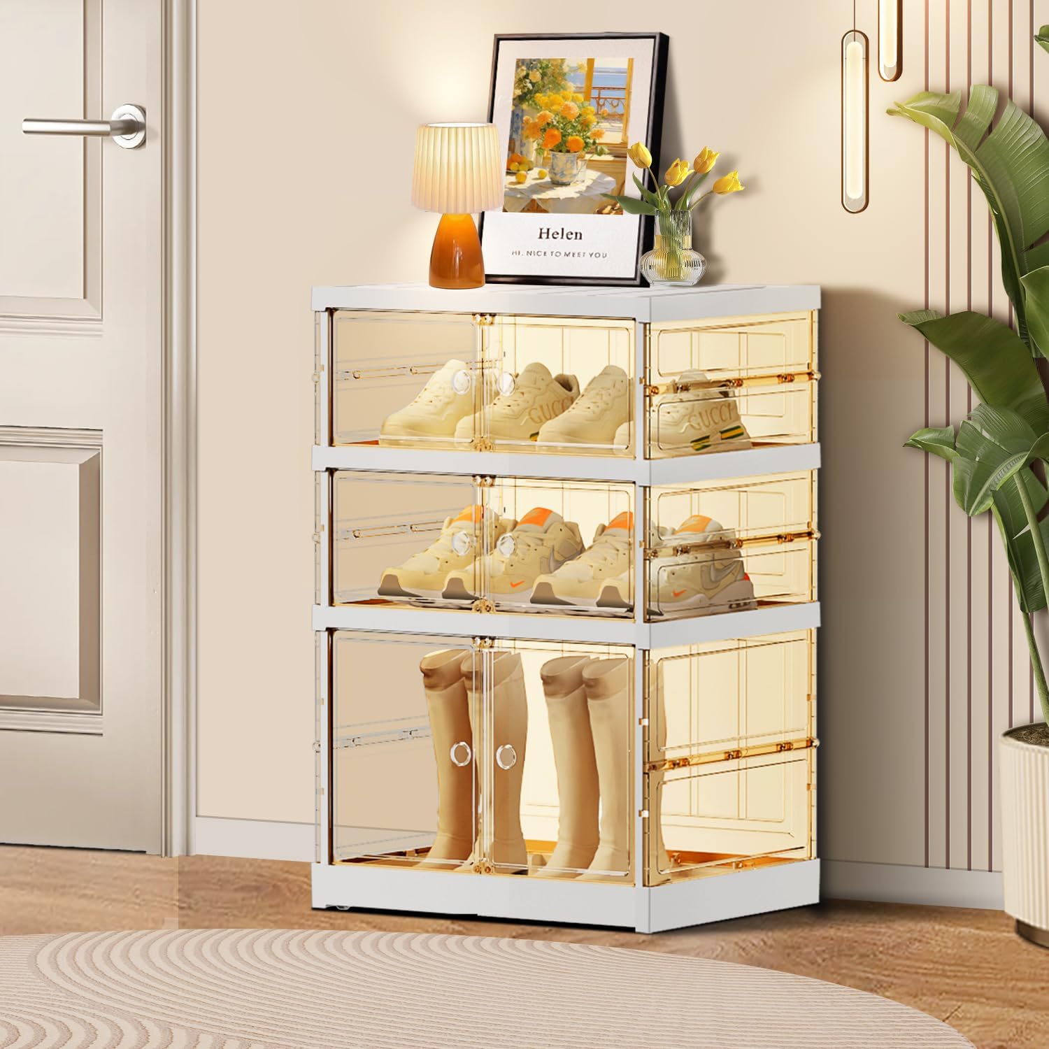3-Tier Foldable Shoe Rack for Closet Entryway 3-6Pairs,Stackable Clear Shoe Storage Boxes Organizer with Door Plastic Small Shoe Cabinet Bins with Lids Narrow Shoe Shelf Easy Assembly 3 Tiers 6 Pairs Brown