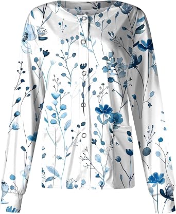 Scrub Jackets for Woman Long Sleeve Print Scrub Tops Plus Size Snap Front Nurse Working Uniform