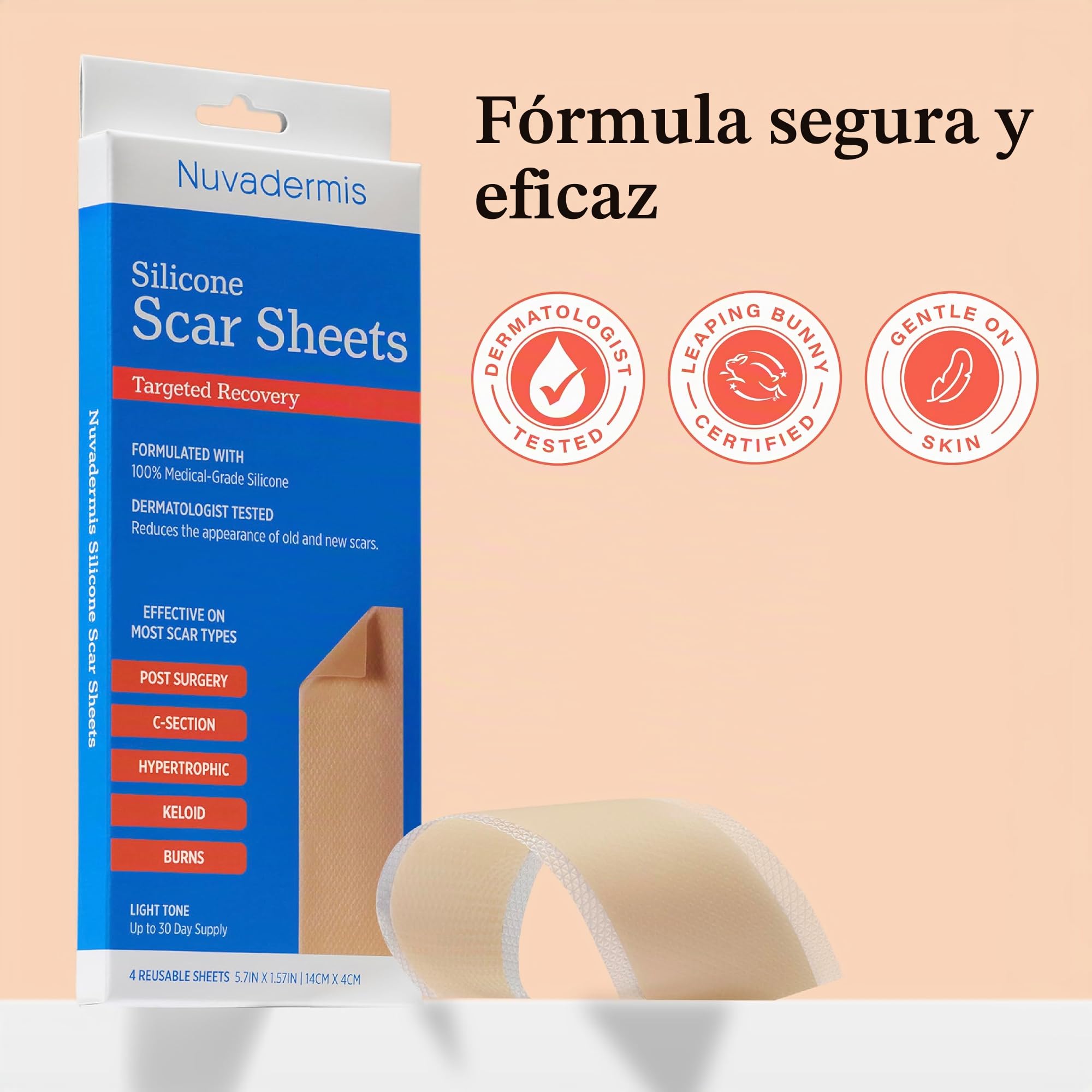 NUVADERMIS Silicone Scar Sheets - Extra Long Scar Sheets for C-Section, Tummy Tuck, Keloid, and Surgical Scars - Reusable Medical Grade Silicone Scar Sheets - Post Surgery Supplies - Pack of 4