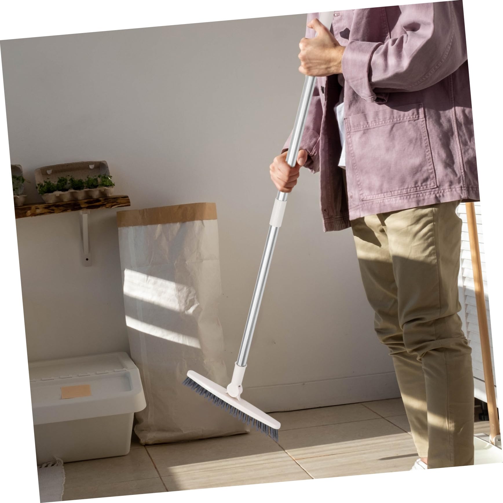 Cepillo para Limpieza Giratoria Fregar y Largo Mango Cabeza para Pisos Multifuncional Herramienta de Plástico y Acero Inoxidable en Ducha y Jardines