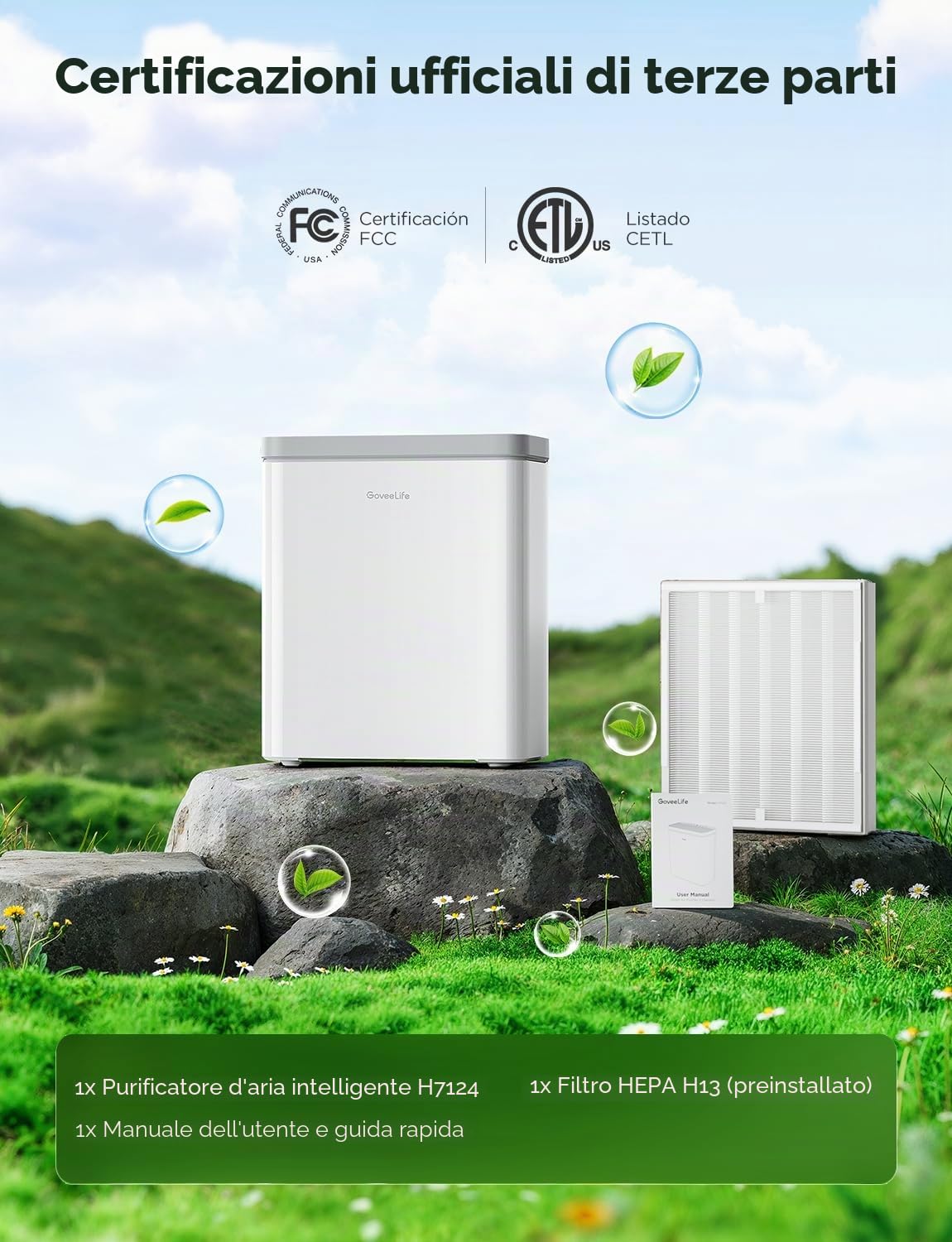 Purificatore d'aria intelligente GoveeLife per stanze grandi, copre fino a 318 m², monitor PM2.5, purificatore d'aria con filtro 3 in 1 con app e controllo Alexa per peli di animali, odori