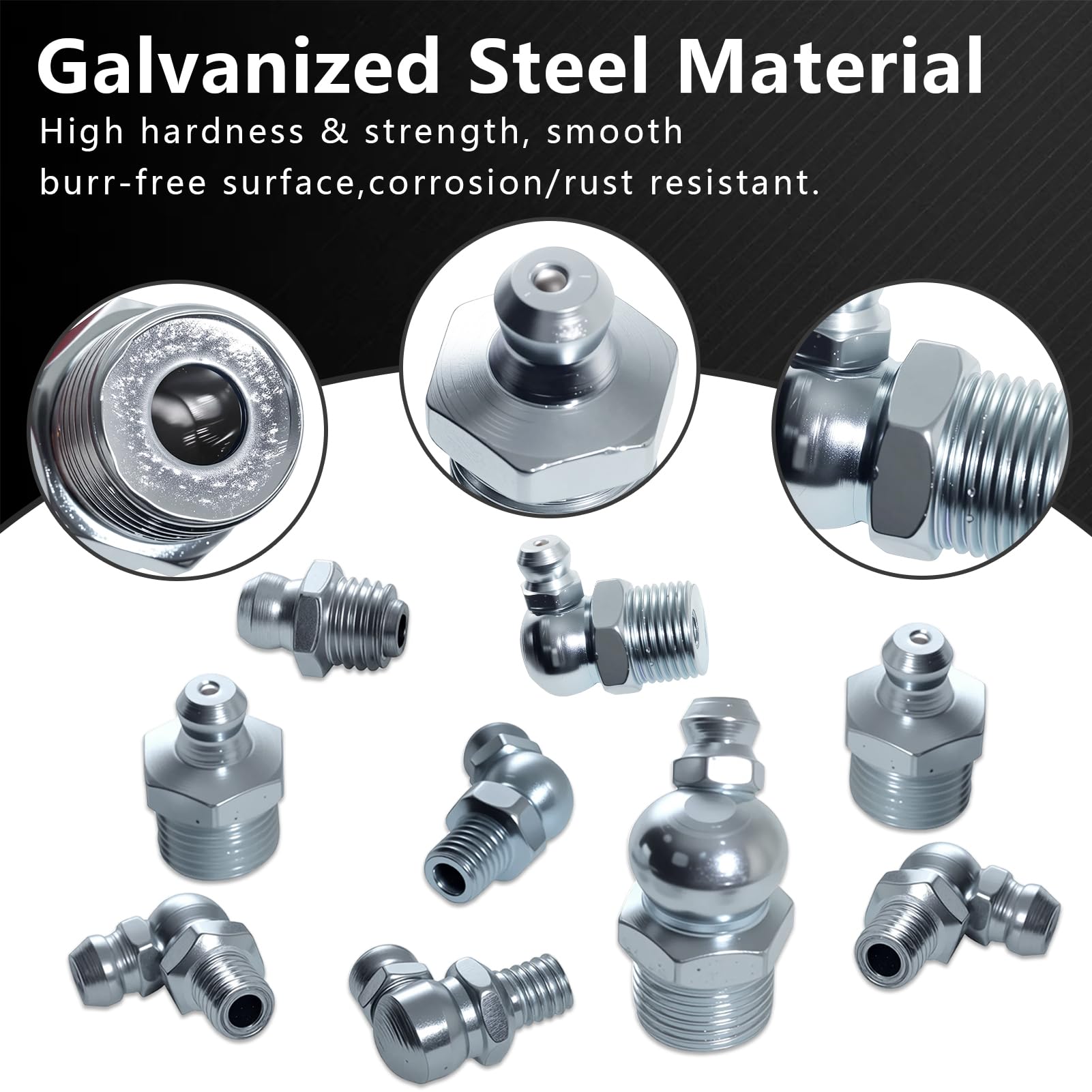 24Sizes Grease Fittings SAE Metric Grease Zerk Fitting Assortment Kit 1/4" 1/8" 5/16" 3/8" M6 M8 M10 M12 Straight 45 90 Degree Zerks Nipple - 5