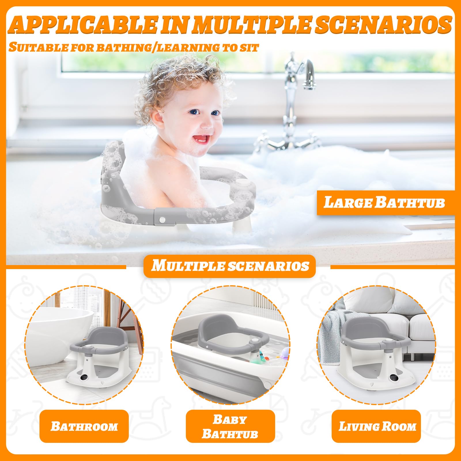 Siege de Bain pour Bebe de 6 Mois et Plus, Anneau de Bain Bébé avec 4 Ventouses Puissantes,Antidérapante, Installation Facile,Portable,Transat de Bain de 6 à 24 Mois,pour Douche ou Baignoire(Gris)
