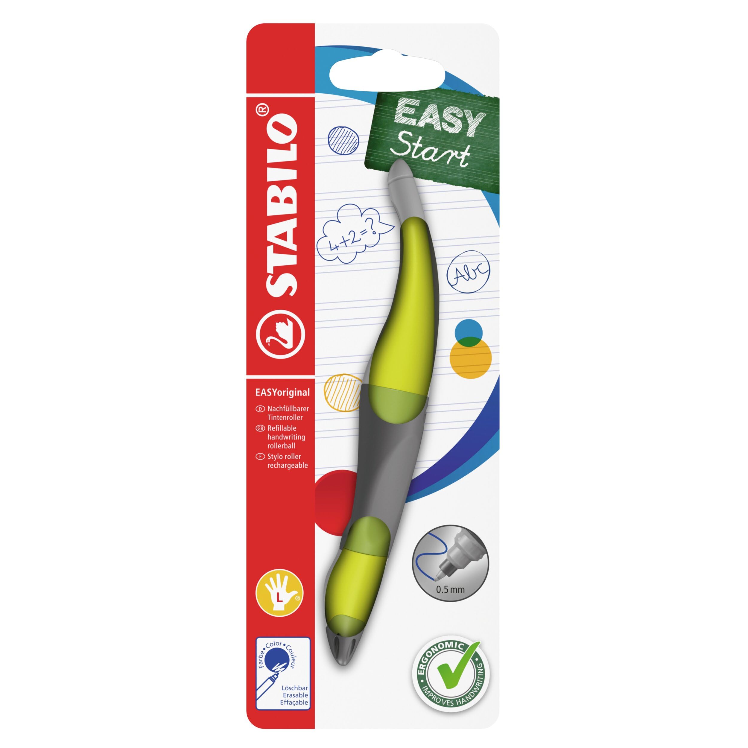 STABILO Ergonomischer Tintenroller für Linkshänder – EASYoriginal, limone/grün (Einzelstift, blau löschbar, inklusive Patrone)