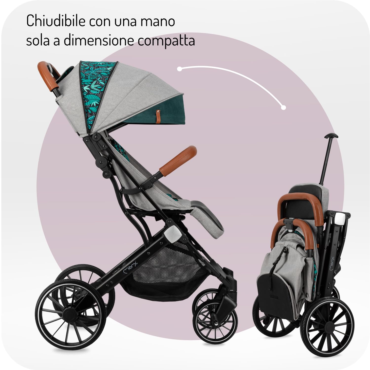 Passeggino MoMi ESTELLE DAKAR a partire da 6 mesi (fino a 22 kg), pieghevole con cintura di sicurezza a 5 punti, cestino porta spesa e funzione di apertura, manico telescopico per il traino