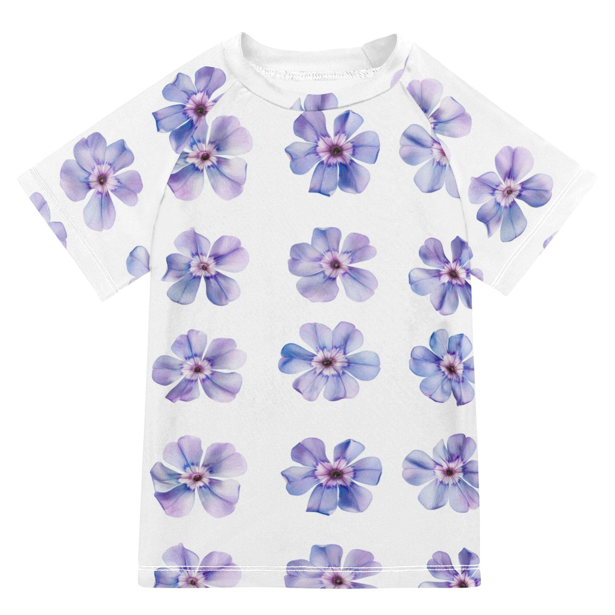 Sweet Phlox Flowers White Kids Bathing Suits Girls Short Sleeves Girls Rash Guard Swimwears Youth Sports Tshirts for Big Boy 5-6T