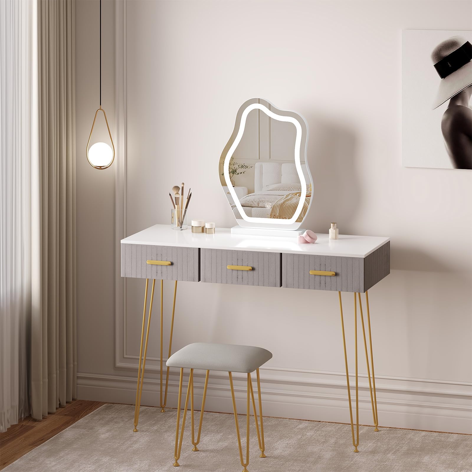 WOLTU Miroir Coiffeuse LED, 3 Niveaux d'Éclairage + Luminosité Réglable, Miroir Irrégulier en Forme de Nuage, 40x54 cm, MB6121ws