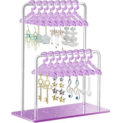 NiHome Glitter Acrylic Earring Holder with Unique Double-Tiered Design, Miniature Clothing Hangers with Spacious Storage for 48 Pairs, Mirror-Finish Display for Home Vanity & Retail Showrooms (Purple) - Purple