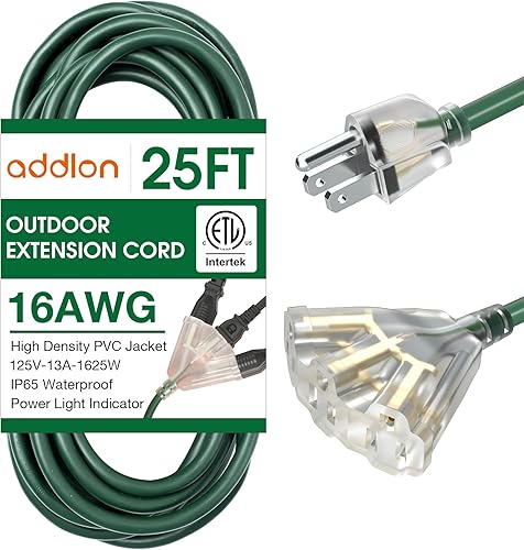 addlon Cable de extensión para exteriores iluminado 163 de 25 pies con salida de 3 enchufes, cable de extensión resistente con enchufe a tierra de 3 addlon Cable de extensión para exteriores iluminado 163 de 25 pies con salida de 3 enchufes, cable de extensión resistente con enchufe a tierra de 3