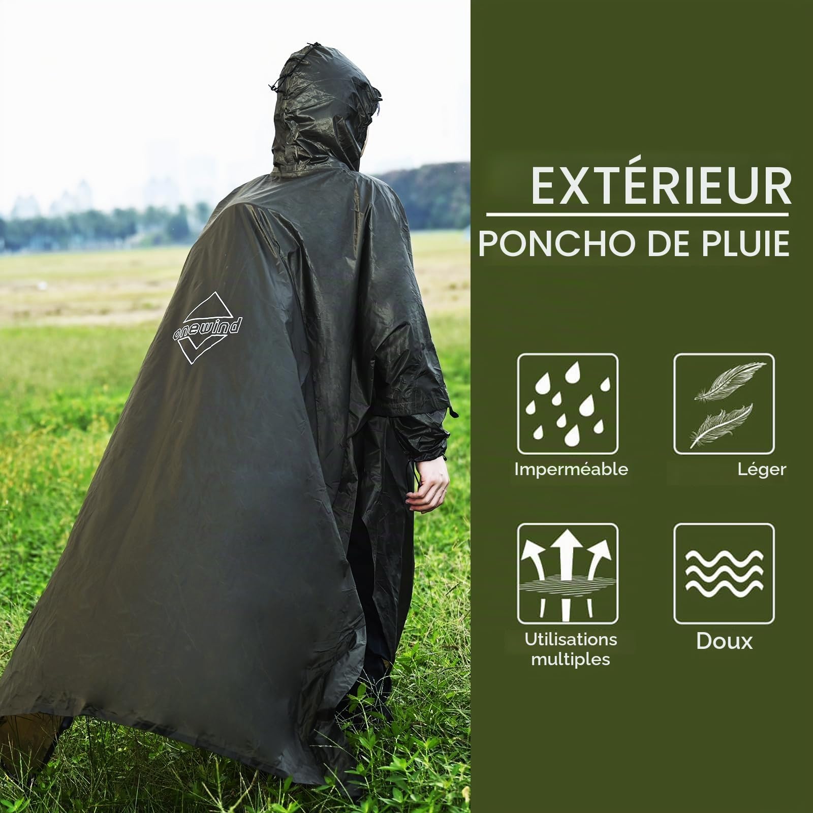 onewind Poncho de pluie à capuche ultra léger pour sac à dos