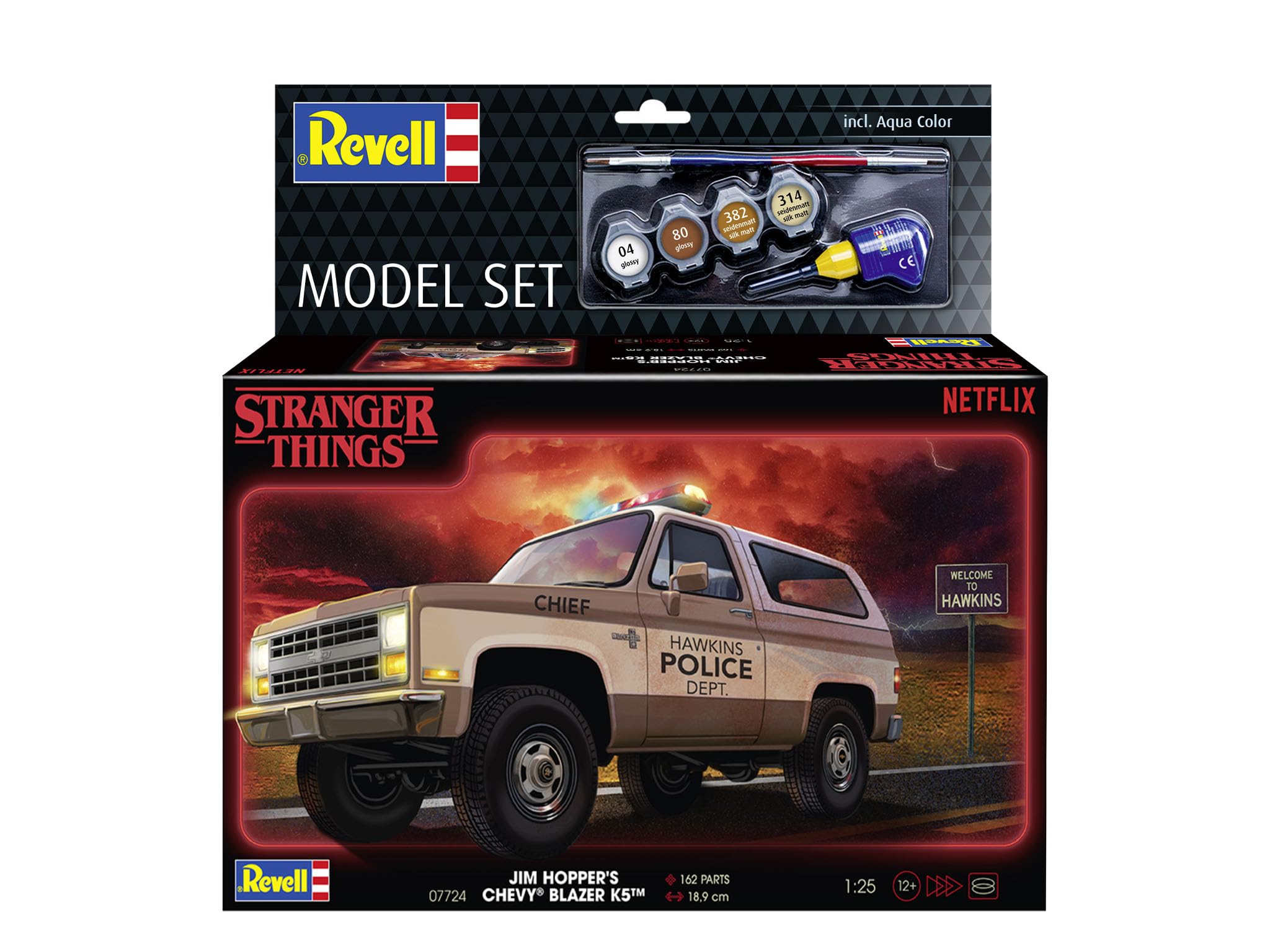 Revell Zestaw modelarski Stranger Things Chevrolet K5 Blazer – skala 1:25 – wierna replika Netflix – wraz z naklejkami, farbami bazowymi, klejem i pędzlem – kultowy samochód Jim Hopper
