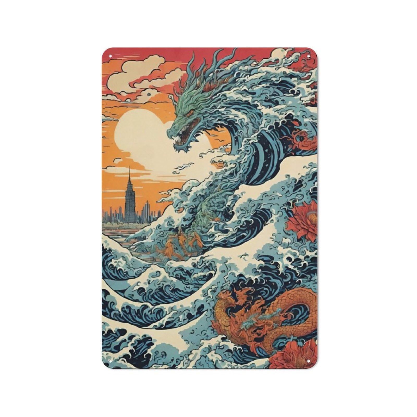 Junmoney Dragon Wave Japan Metal Plaque With Design 30X20cm, Retro Kitchen Wall Decor For Bakery, Diner, Cafe Or Family Room