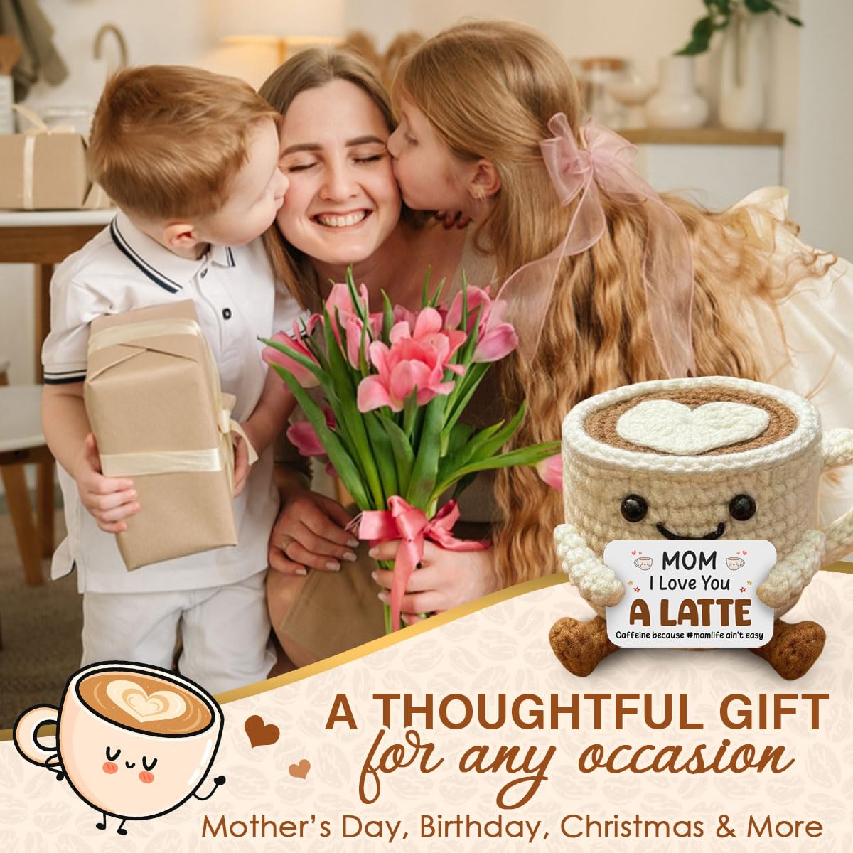Crochet Gifts for Mothers Day 2026 - I Love You Mom Latte Coffee Crochet, Gifts for Mother in Law Stepmom, Gigi Nana, Heartwarming Crochet Gift, Birthday Gifts for Mom from Daughter Son - 4