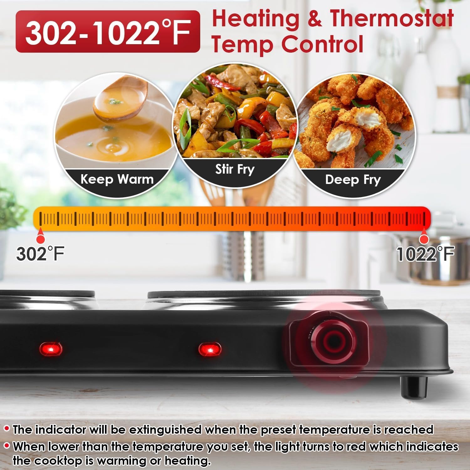 KOCASO 1800W Dual Infrared Burner Hot Plate, 7.5" & 6.3" Glass Cooktop, Stepless Temp Control 302°F-1022°F, Portable Electric Stove for Home, RV, Camping, Dorms