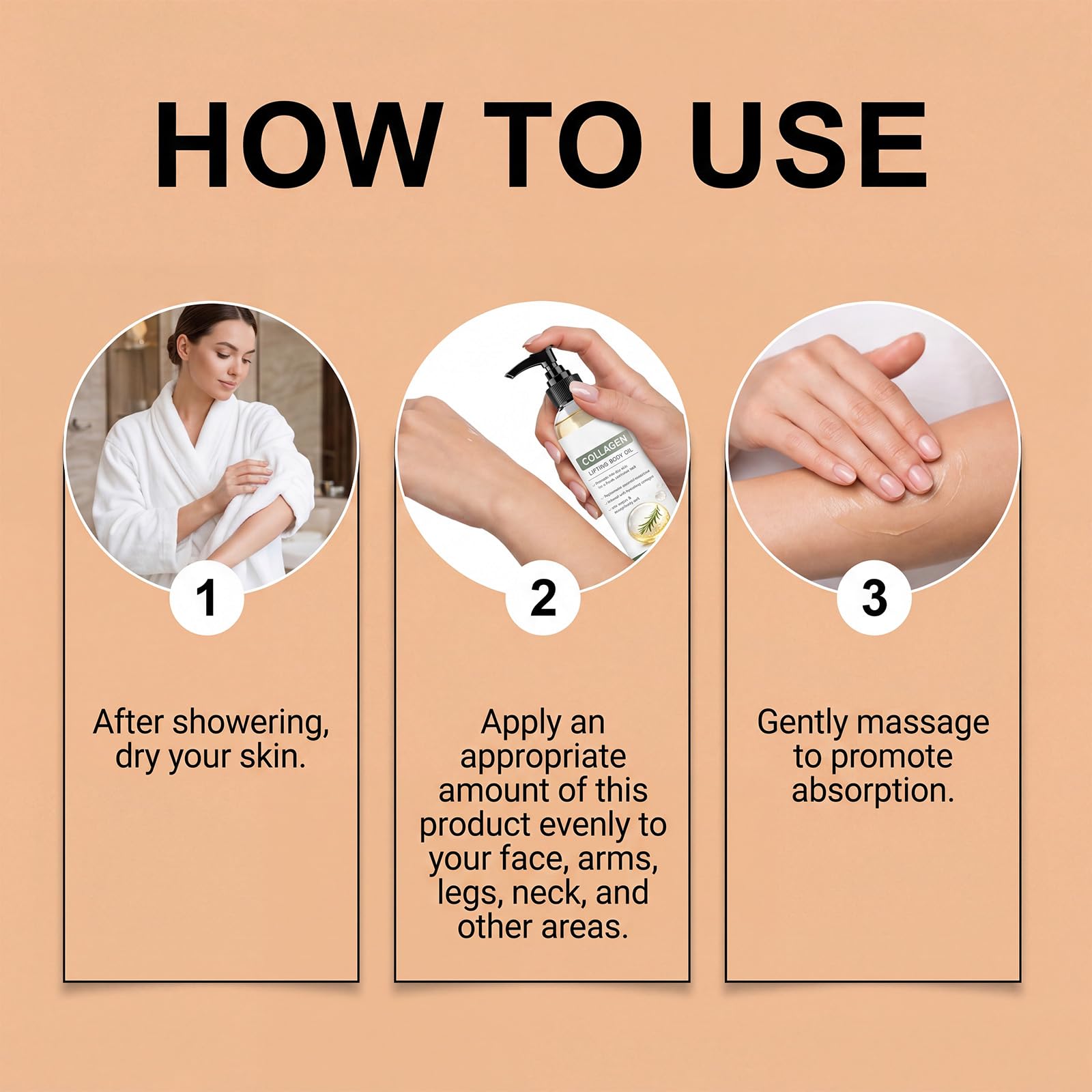 Olio per il corpo per lifting del collagene dopo la doccia, con formula idratante, ad assorbimento rapido, rassodante olio per la cura del collo, braccia e cosce, consistenza setosa per freschezza (6