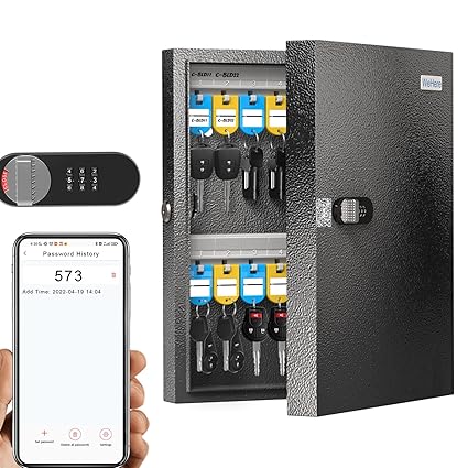 WeHere 32 Key Lock Box with Dual Lock, Combination & Key Unlock, Key Cabinet Wall Mount with Key Tag Label, Key Holder Storage Lockbox for Store, Office, Company, House, App Key Directory ERP