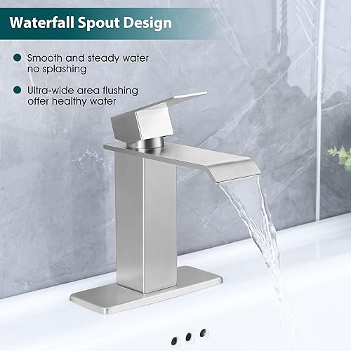 Miniatura 4 de Homikit Grifo de fregadero de baño de níquel cepillado, grifo de baño en cascada con drenaje desplegable, grifo de una sola manija para lavabo de